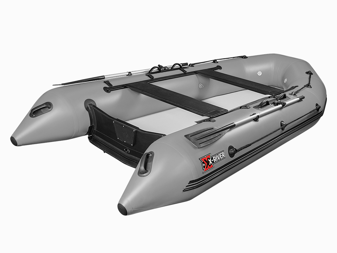 Лодка ПВХ X-River Rocky 355 НДВД + усиленное дно и баллон, серый-черный/фурнитура черная увеличенный транец
