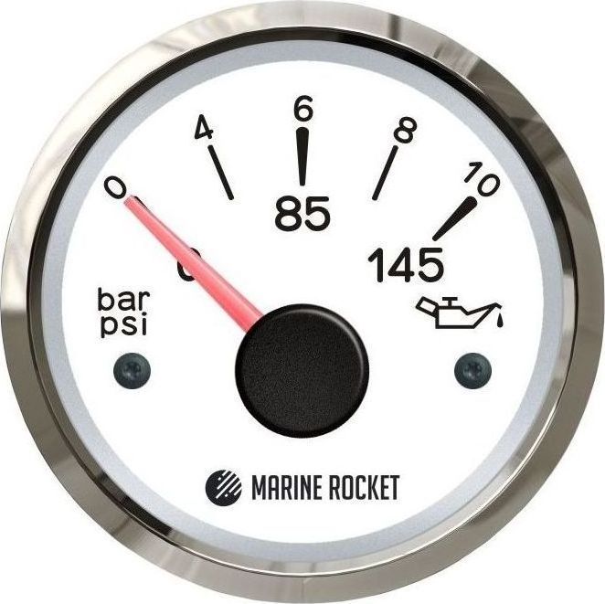 Указатель давления масла 0-10 бар, белый циферблат, нержавеющий ободок, д. 52 мм, Marine Rocket
