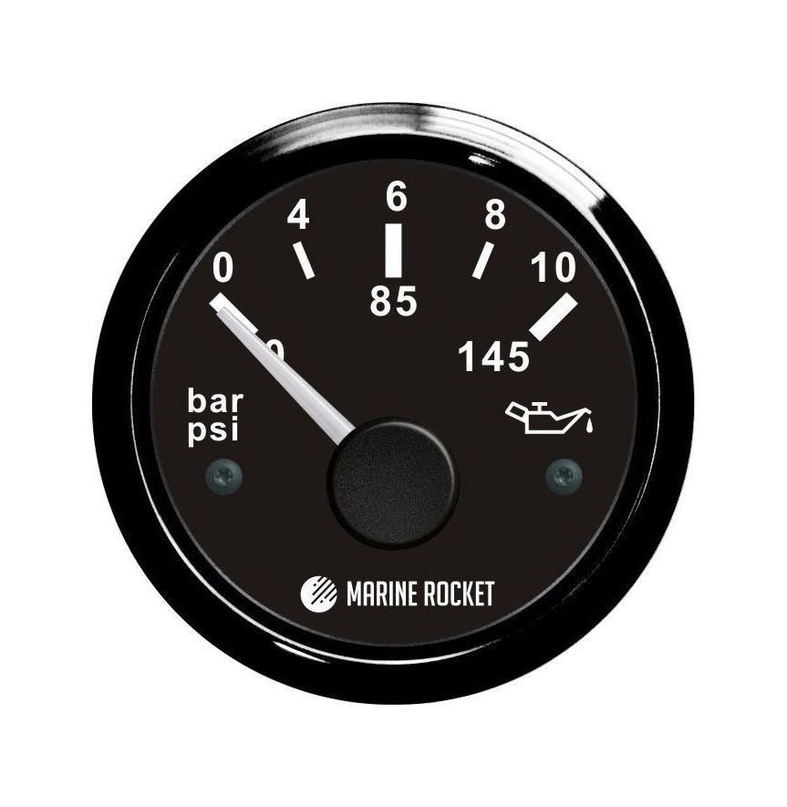 Указатель давления масла 0-10 бар, черный циферблат, черный ободок, д. 52 мм, Marine Rocket