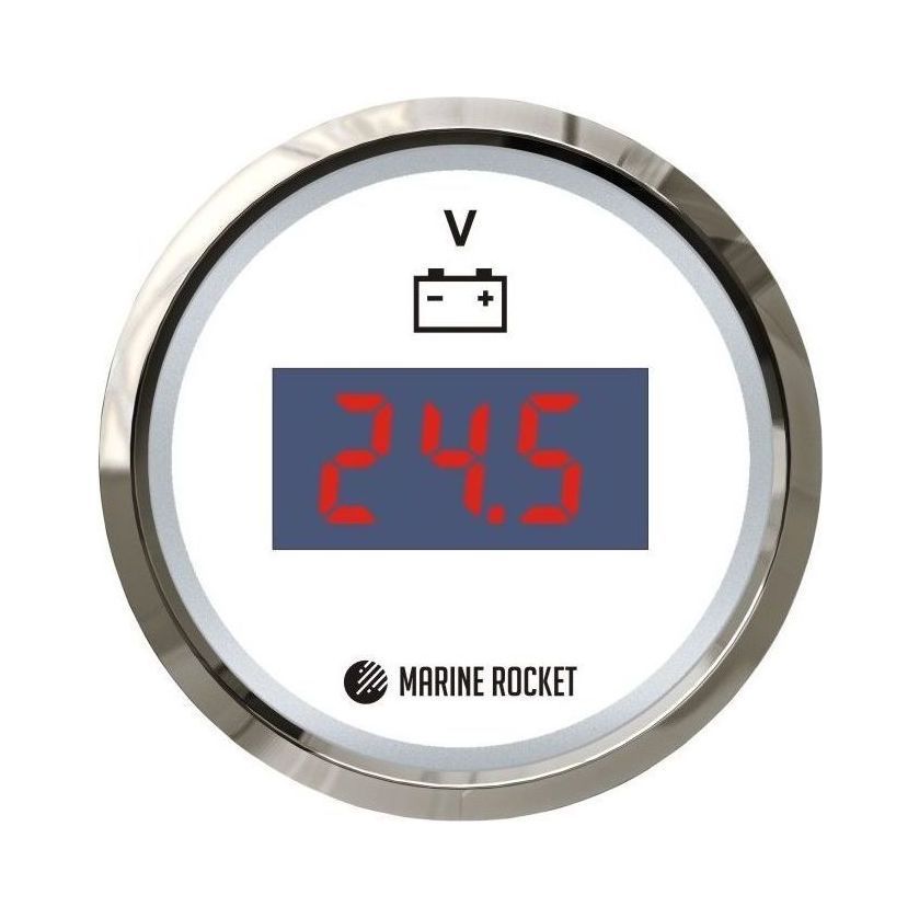 Вольтметр цифровой 9-32 В, белый циферблат, нержавющий ободок, д. 52 мм, Marine Rocket