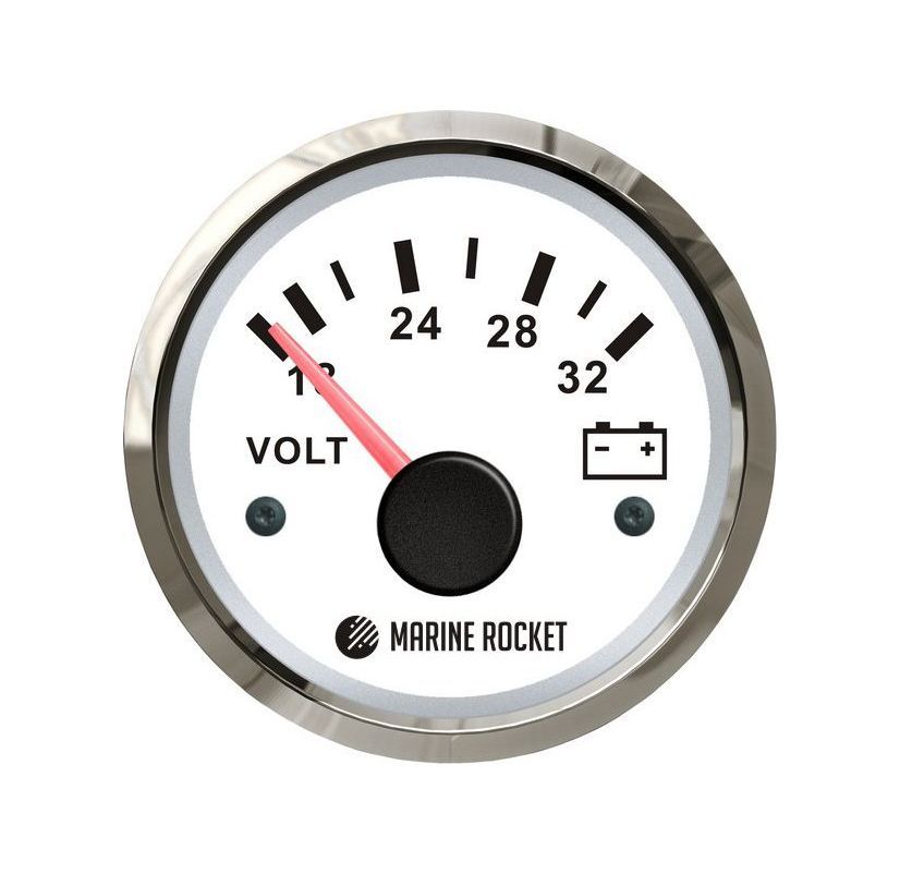 Вольтметр аналоговый 18-32 В, белый циферблат, нержавеющий ободок, д. 52 мм, Marine Rocket