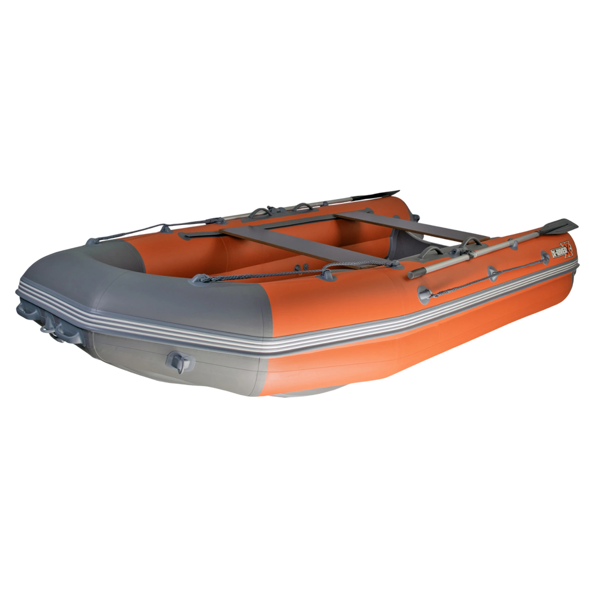 Лодка ПВХ X-River Mark 390 НДНД тримаран (усиленное дно и баллоны 120мм) оранжево-серый, дно серое, 