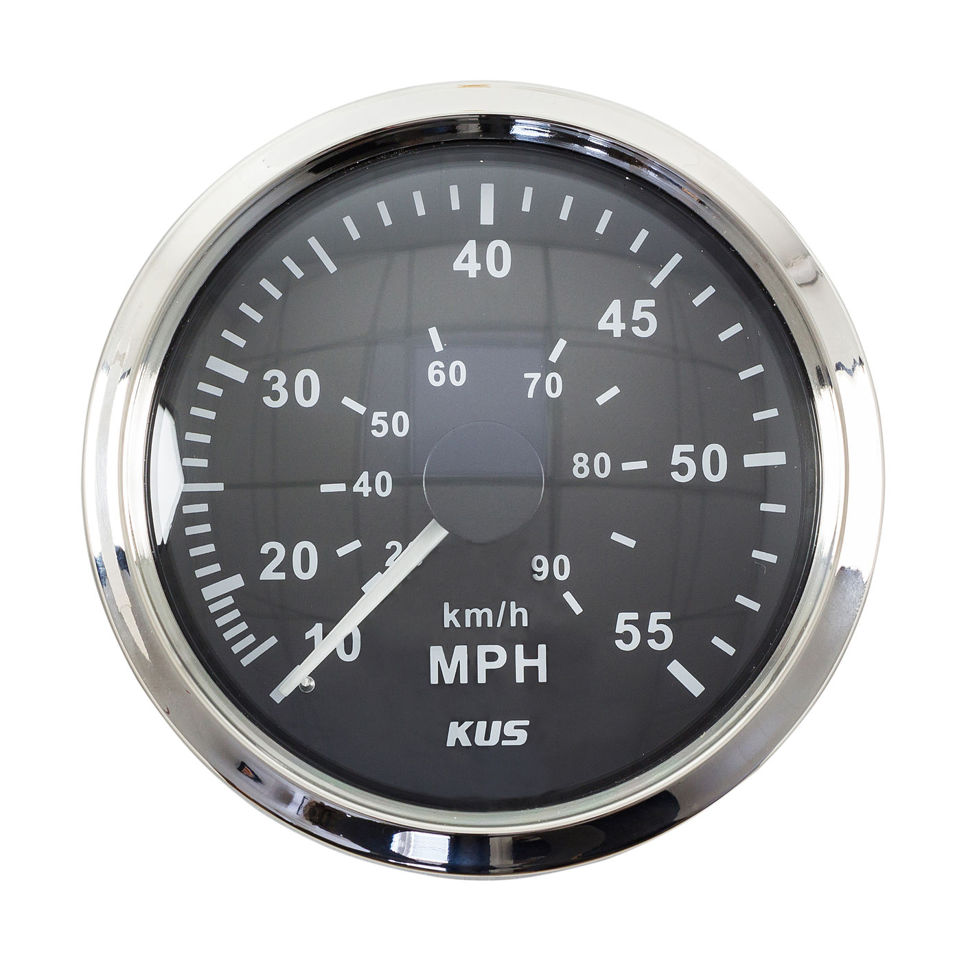 Спидометр манометрический 0-55 MPH, черный циферблат, нержавеющий ободок, д. 85 мм