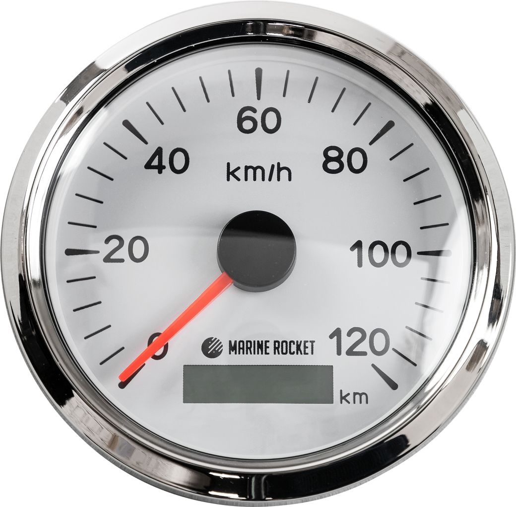 GPS-спидометр аналоговый 0-120 км/ч, белый циферблат, нержавеющий ободок, выносная антенна, д. 85 мм, Marine Rocket