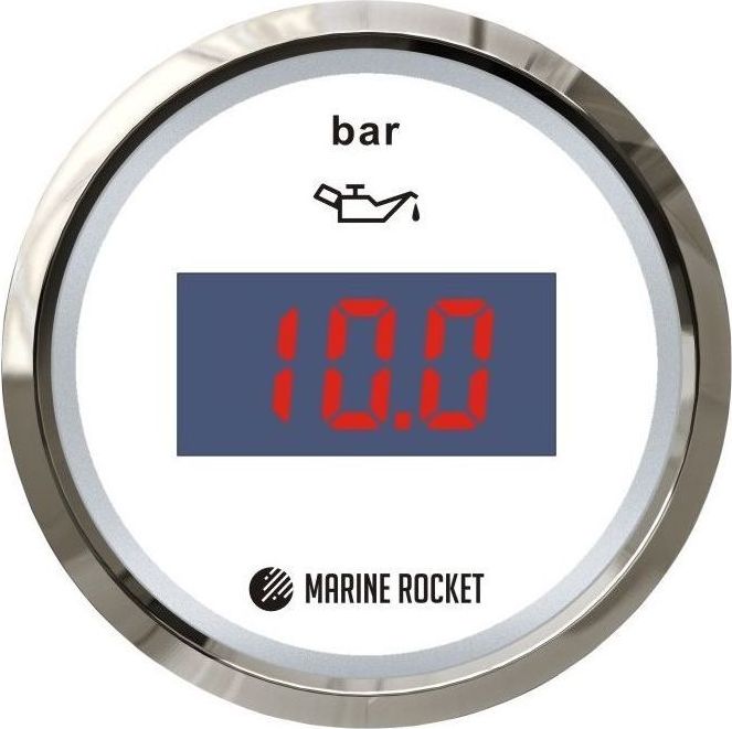 Указатель давления масла цифровой 0-5 бар, белый циферблат, нержавеющий ободок, д. 52 мм