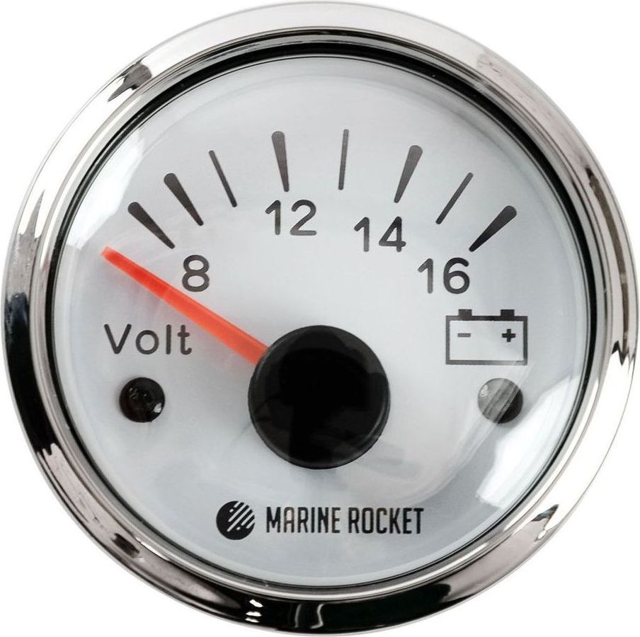 Вольтметр аналоговый 8-16 В, белый циферблат, нержавеющий ободок, д. 52 мм, Marine Rocket (упаковка из 20 шт.)