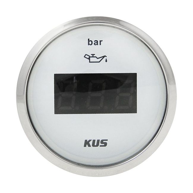 Указатель давления масла цифровой 0-5 бар, белый циферблат, нержавеющий ободок, д. 52 мм