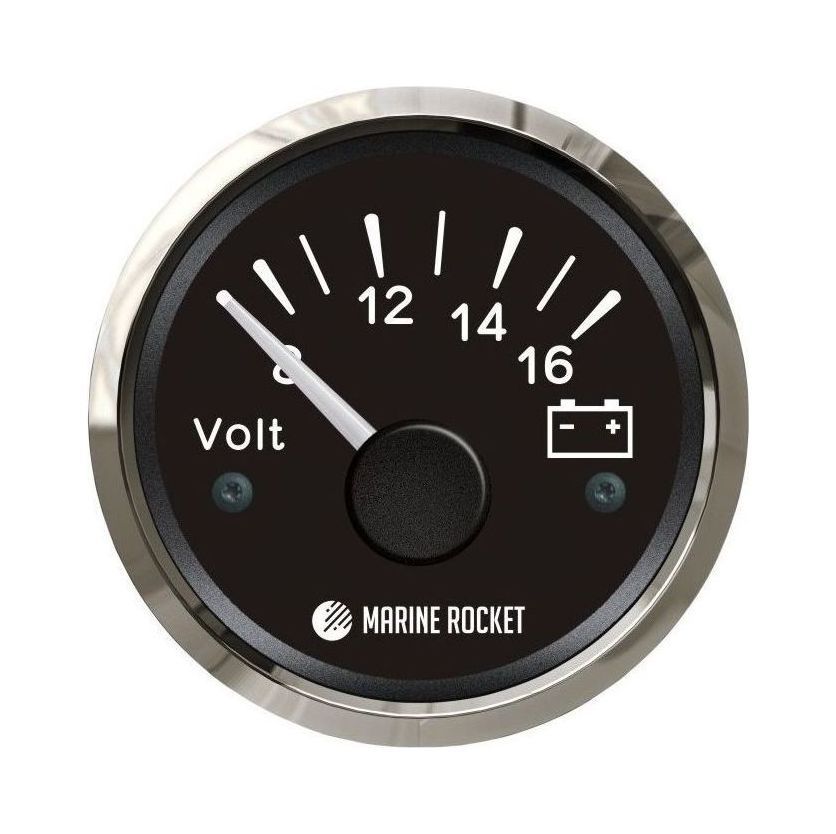 Вольтметр аналоговый 8-16 В, черный циферблат, нержавеющий ободок, д. 52 мм, Marine Rocket