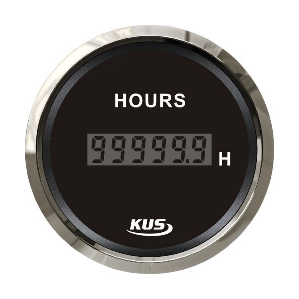 Счетчик моточасов цифровой 0-99999, 9 ч., черный циферблат, нержавеющий ободок, д. 52 мм Счетчик моточасов цифровой 0-99999, 9 ч., черный циферблат, нержавеющий ободок, д. 52 мм