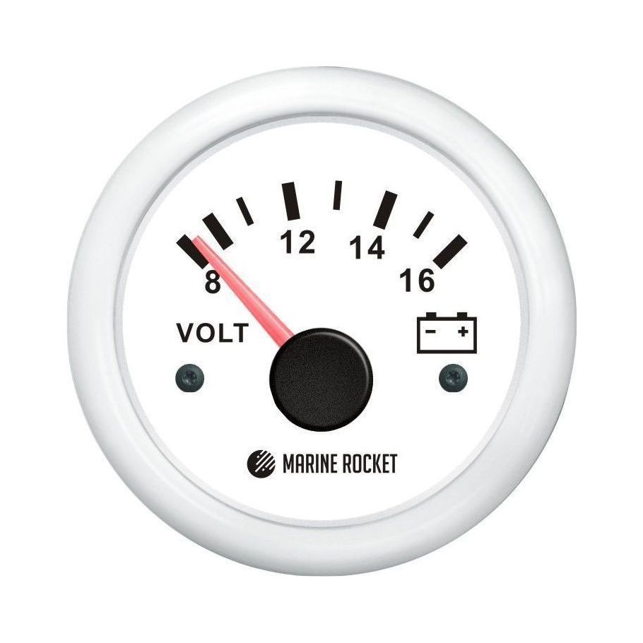 Вольтметр аналоговый 8-16 В, белый циферблат, белый ободок, д. 52 мм, Marine Rocket