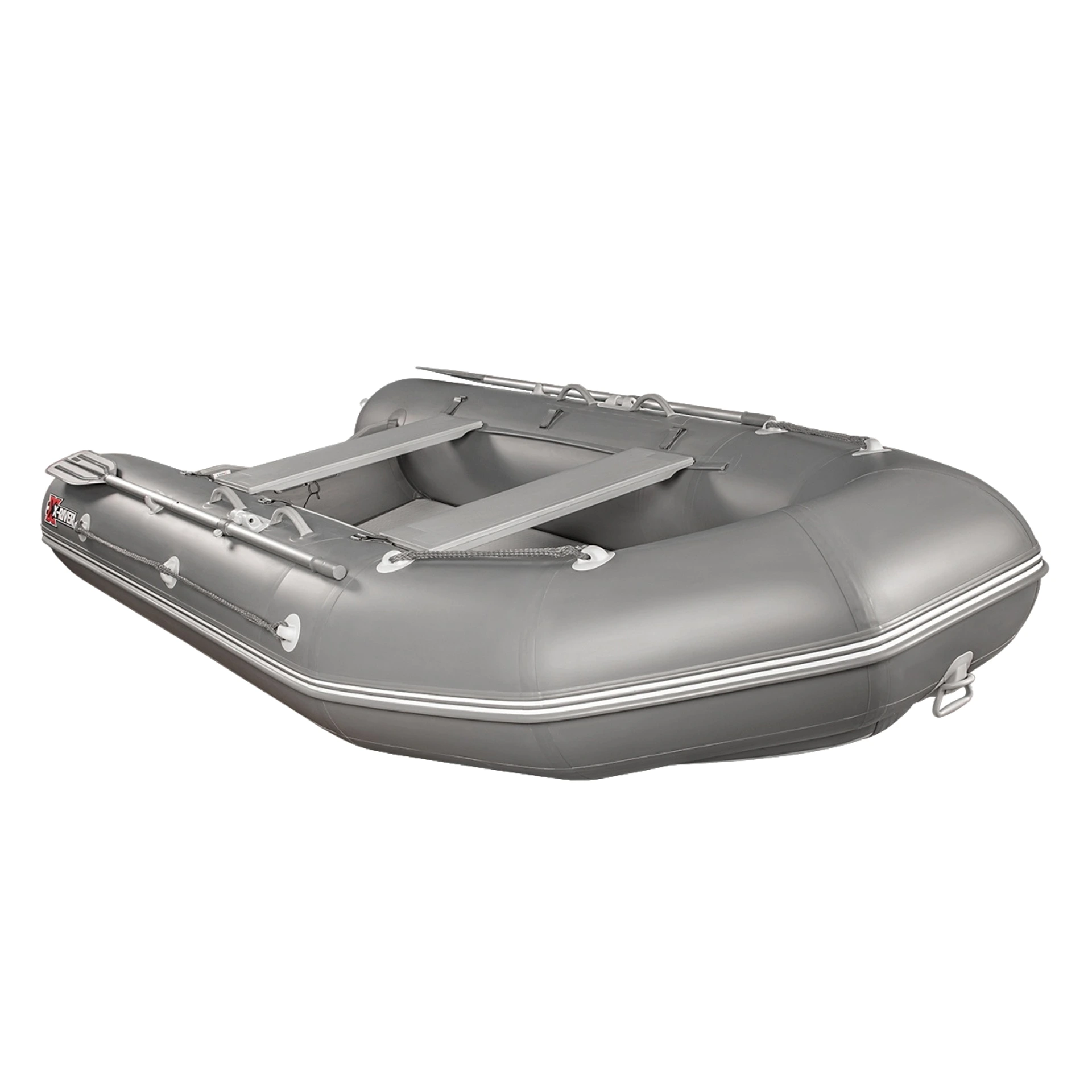 Лодка ПВХ X-River Rocky 375 НДВД + усиленное дно и баллон, серая, фурнитура серая