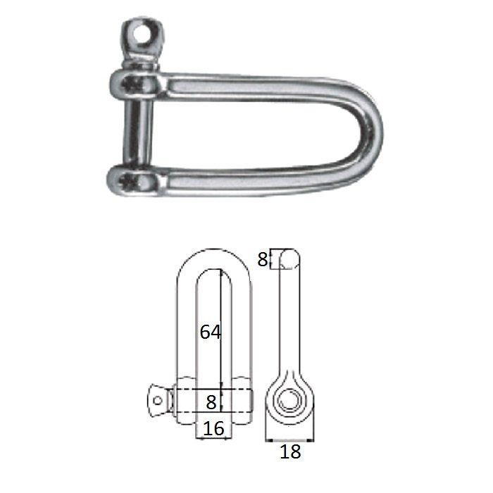 Скоба такелажная удлиненная с винтовым пальцем  8 мм сталь AISI 316