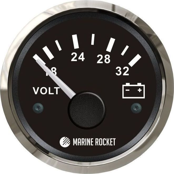 Вольтметр аналоговый 18-32 В, черный циферблат, нержавеющий ободок, д. 52 мм, Marine Rocket