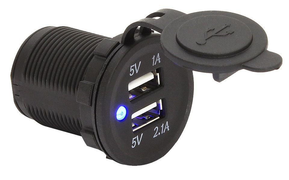 Зарядное гнездо USB, двойное, 12/24В, 5В/2,1 и 1A, светодиод (SF50782-1)