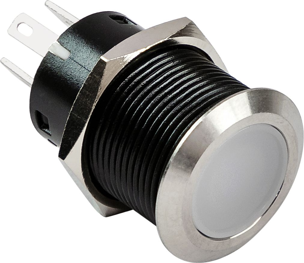 Кнопка без фиксации, подсветка белая, наклейки, 12 В, 20А, 19мм (упаковка из 10 шт.)