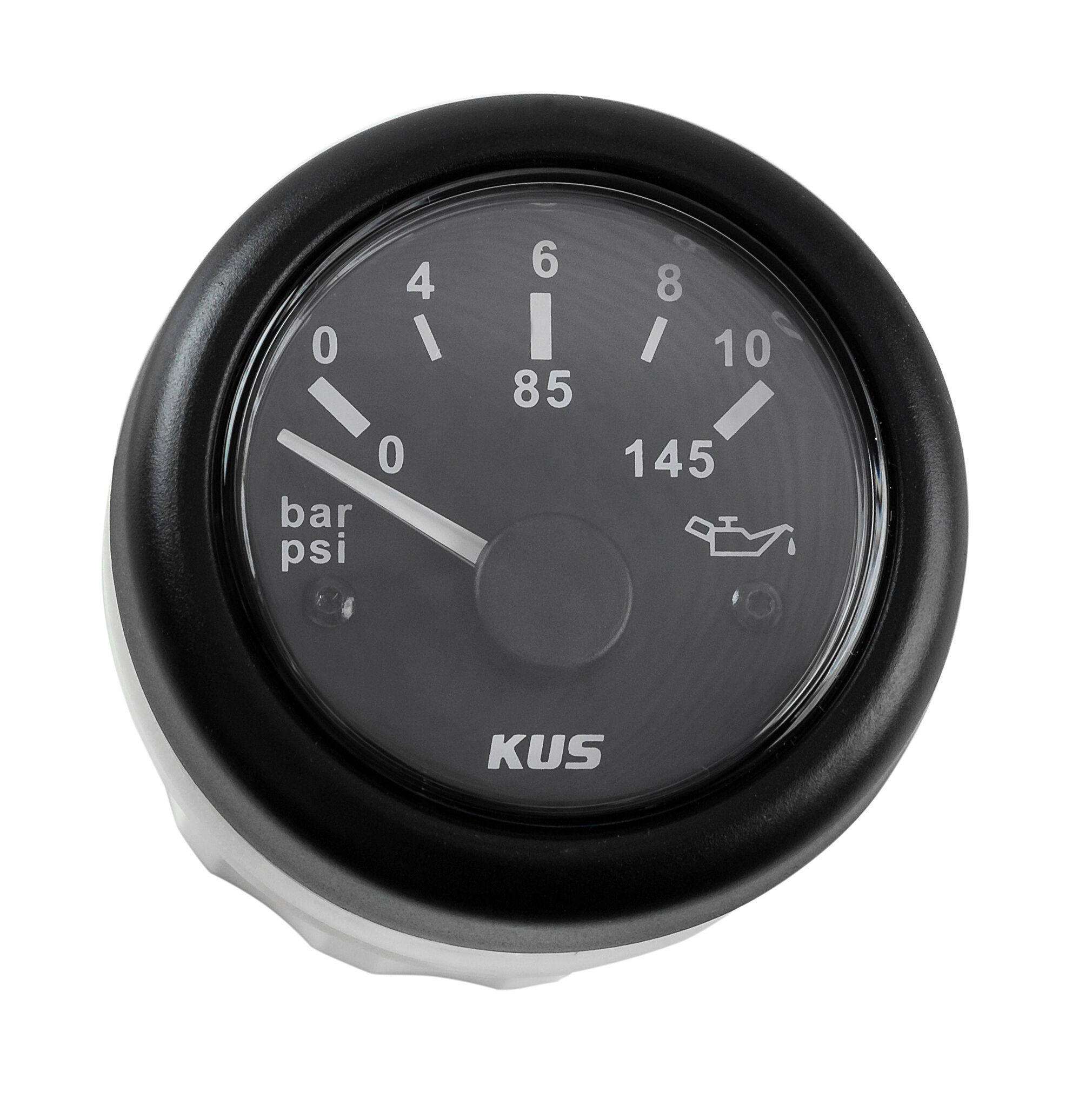 Указатель давления масла 0-10 бар, черный циферблат, черный ободок, д. 52 мм