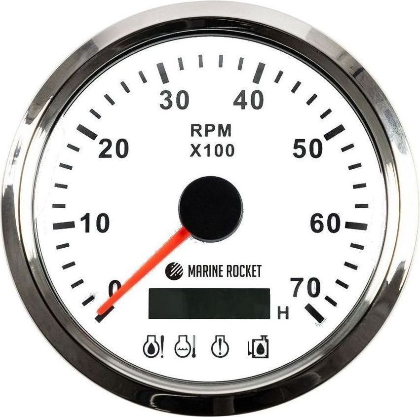 Тахометр 0-7000 об/мин с аварийной сигнализацией делитель 1-10, белый циферблат, нержавеющий ободок,