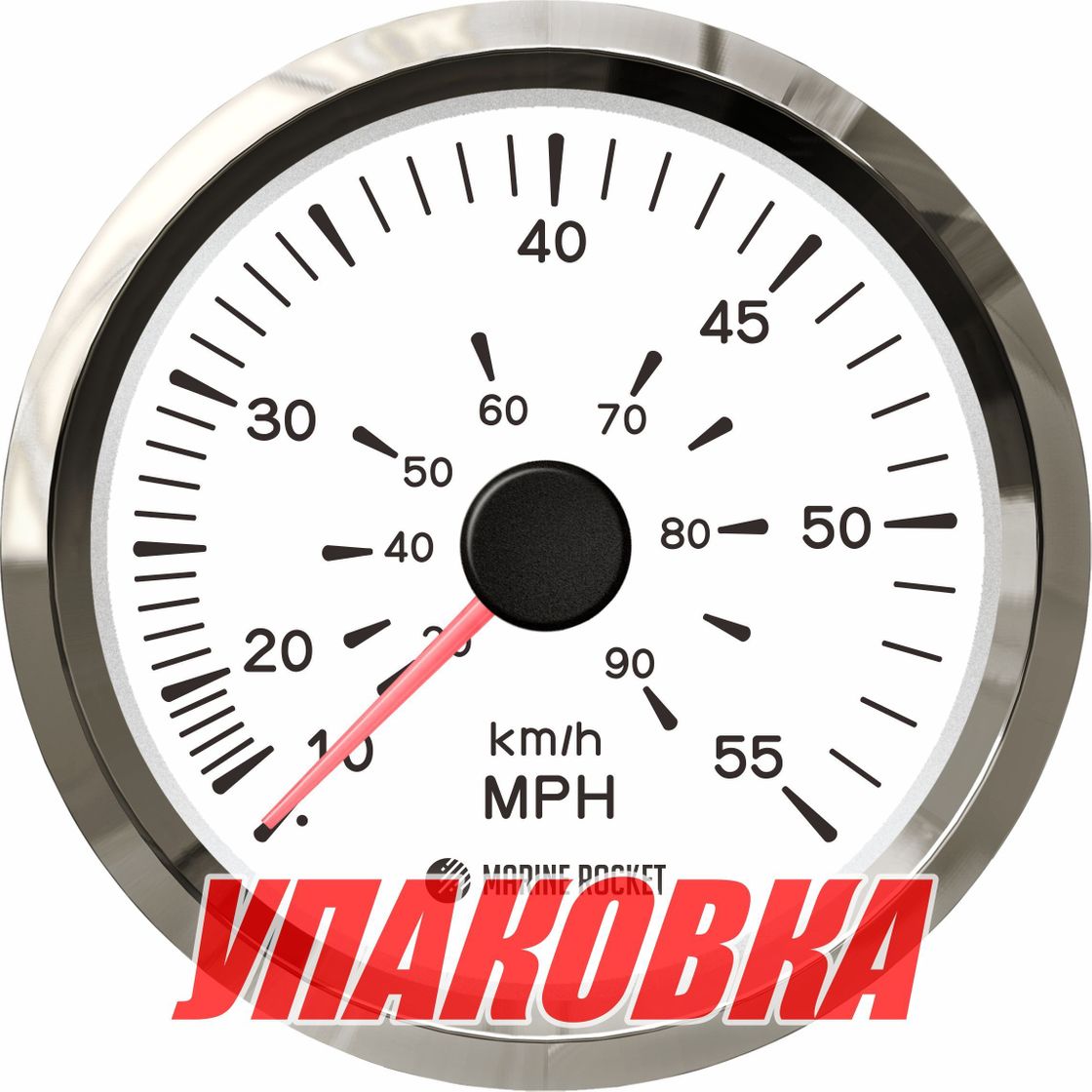 Спидометр манометрический 0-55 MPH, белый циферблат, нержавеющий ободок, д. 85 мм, Marine Rocket (упаковка из 5 шт.)