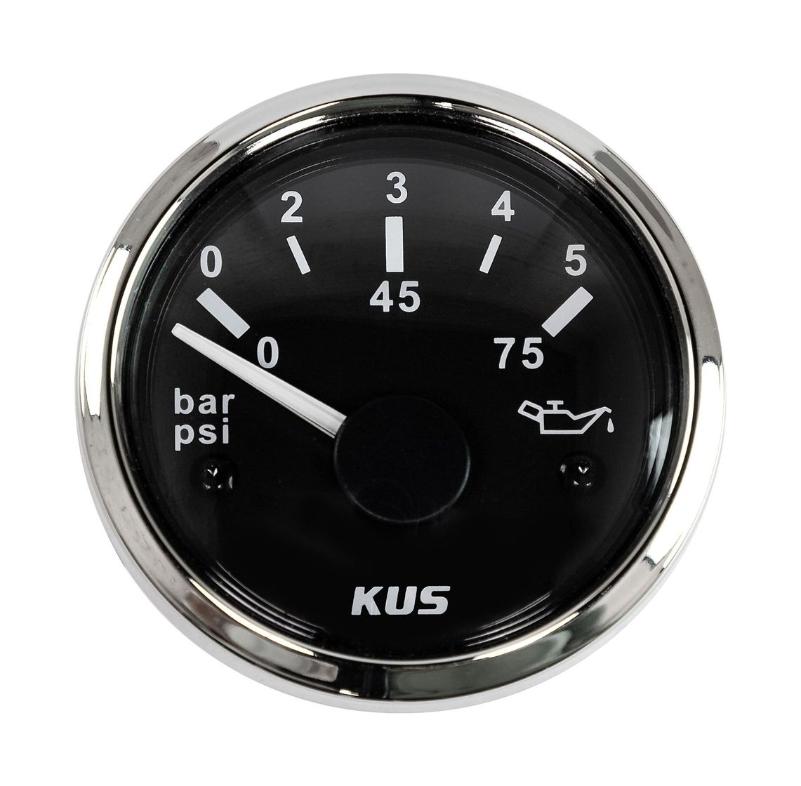 Указатель давления масла 0-5 бар, черный циферблат, нержавеющий ободок, д. 52 мм