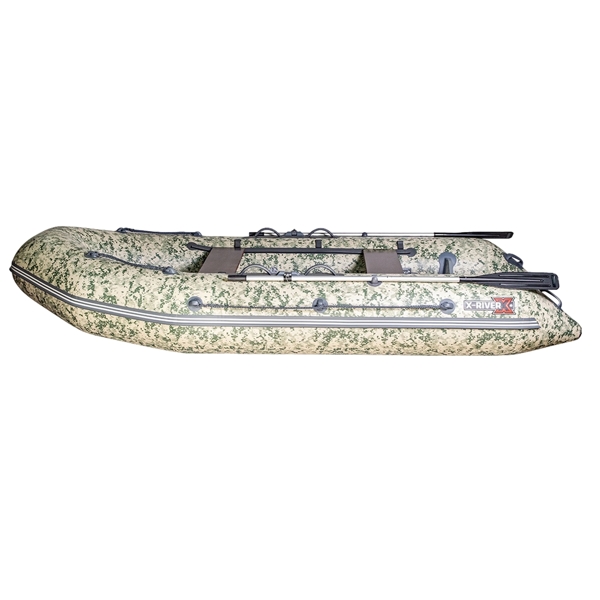 Лодка ПВХ X-River Rocky 335 НДВД + усиленное дно и баллон, пиксель/фурнитура серая