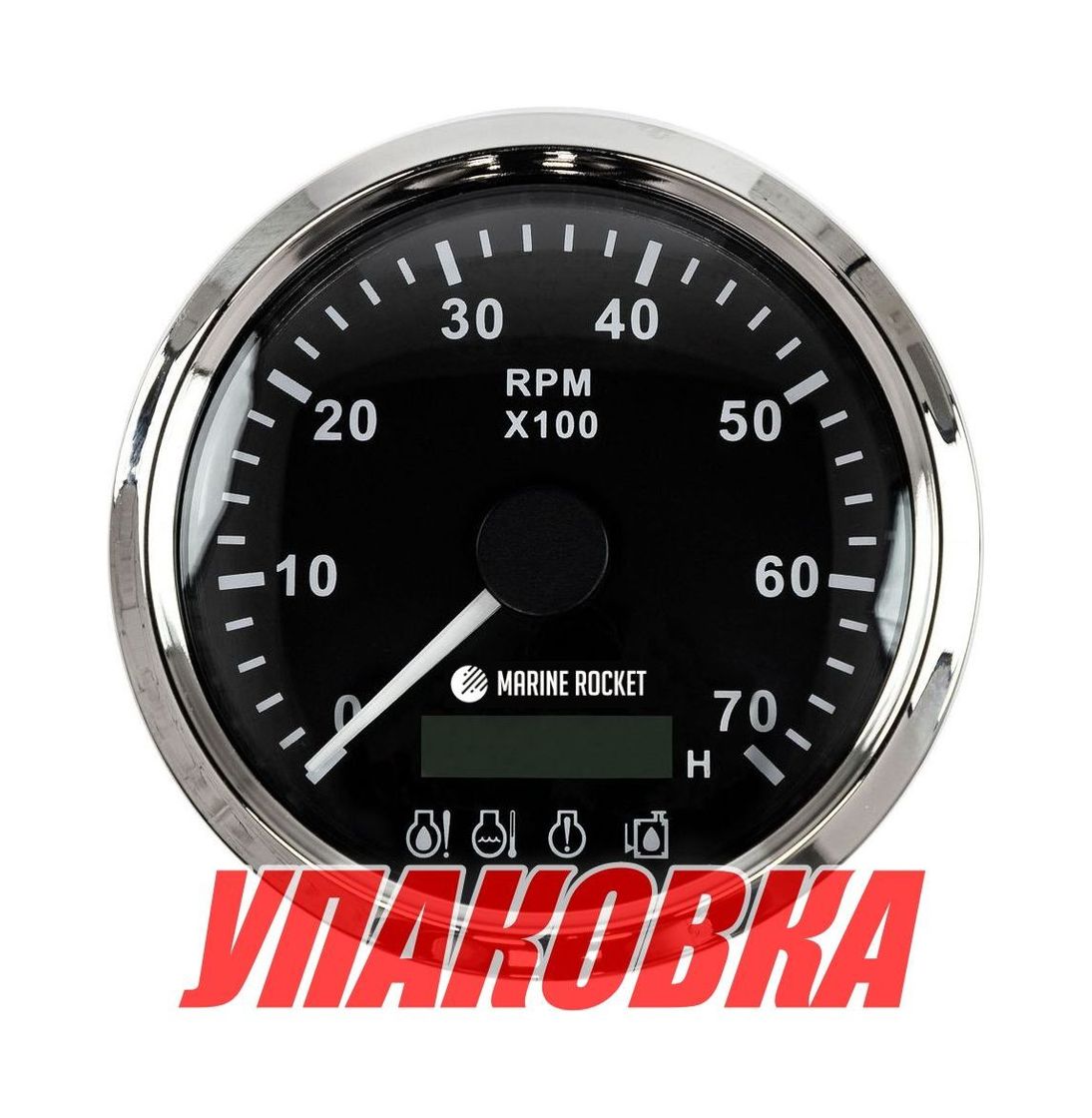 Тахометр 0-7000 об/мин с аварийной сигнализацией делитель 1-10, черный циферблат, нержавеющий ободок Тахометр 0-7000 об/мин с аварийной сигнализацией делитель 1-10, черный циферблат, нержавеющий ободок
