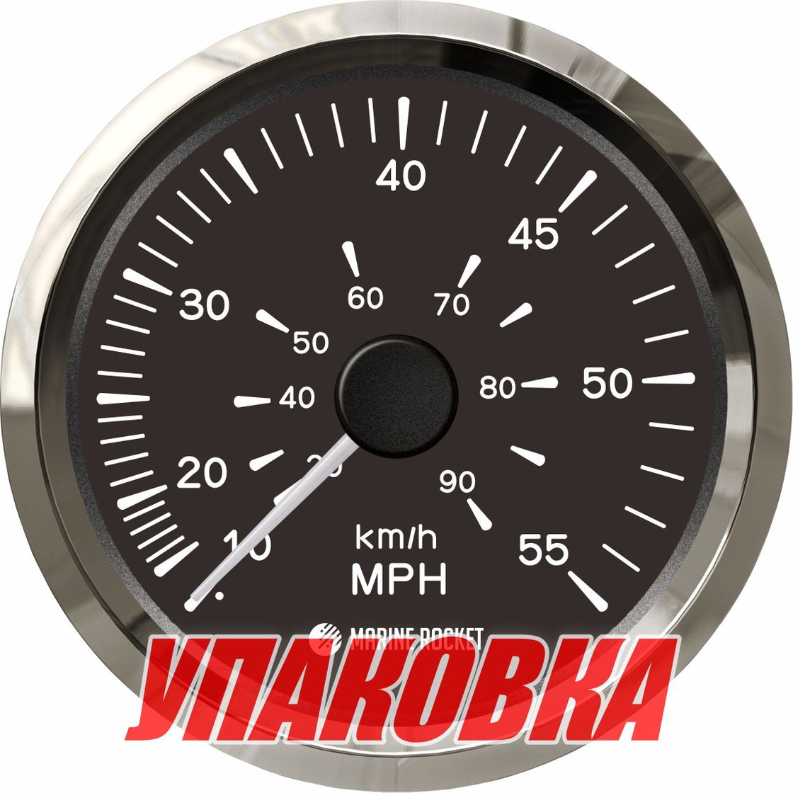 Спидометр манометрический 0-55 MPH, черный циферблат, нержавеющий ободок, д. 85 мм, Marine Rocket (упаковка из 5 шт.)