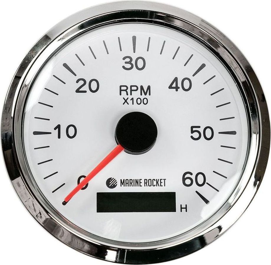 Тахометр 0-6000 об/мин со счетчиком моточасов делитель 0.5-250, белый циферблат, нержавеющий ободок,