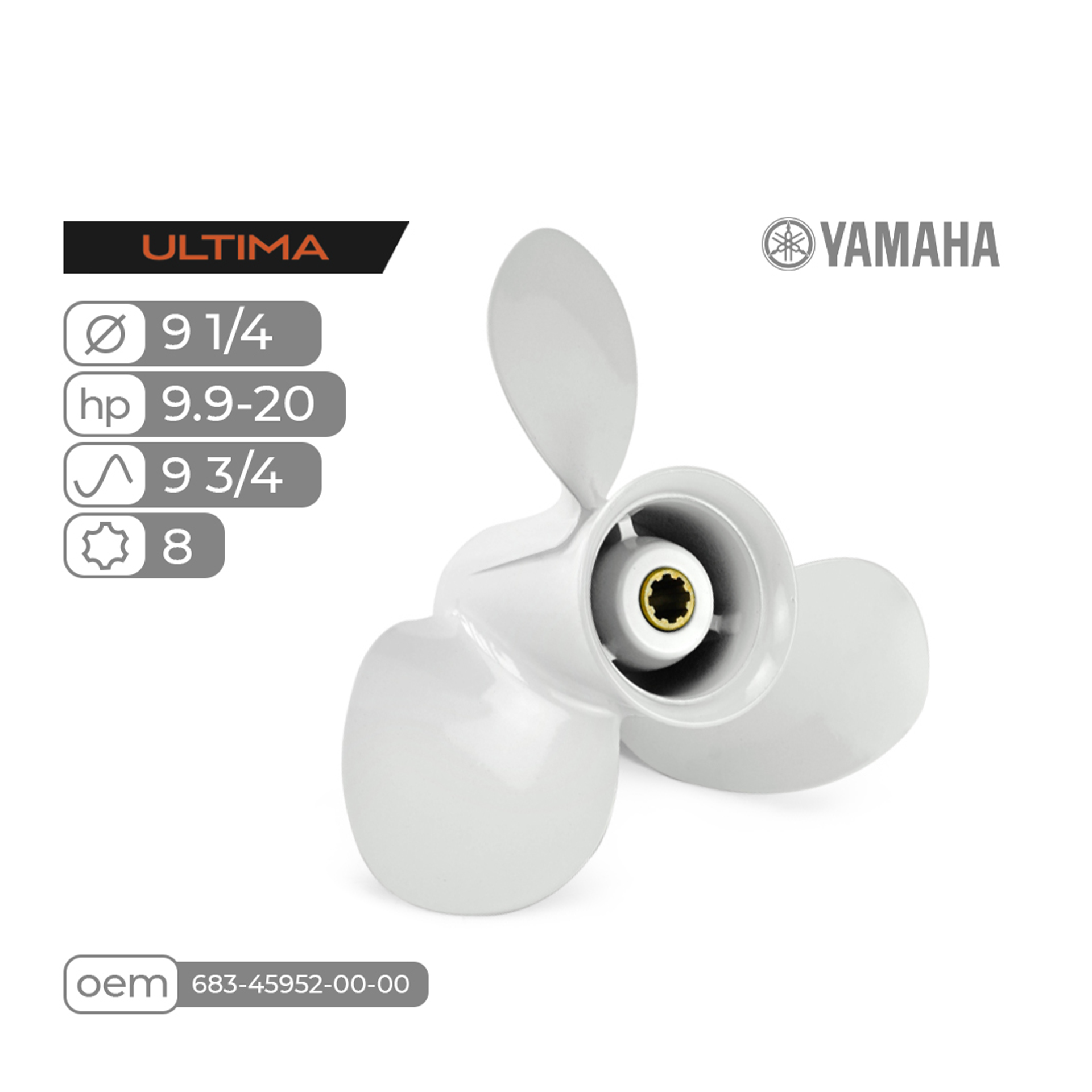 Винт гребной Skipper Ultima 9 1/4", шаг 9 3/4", для Yamaha 9.9-20HP, алюминиевый