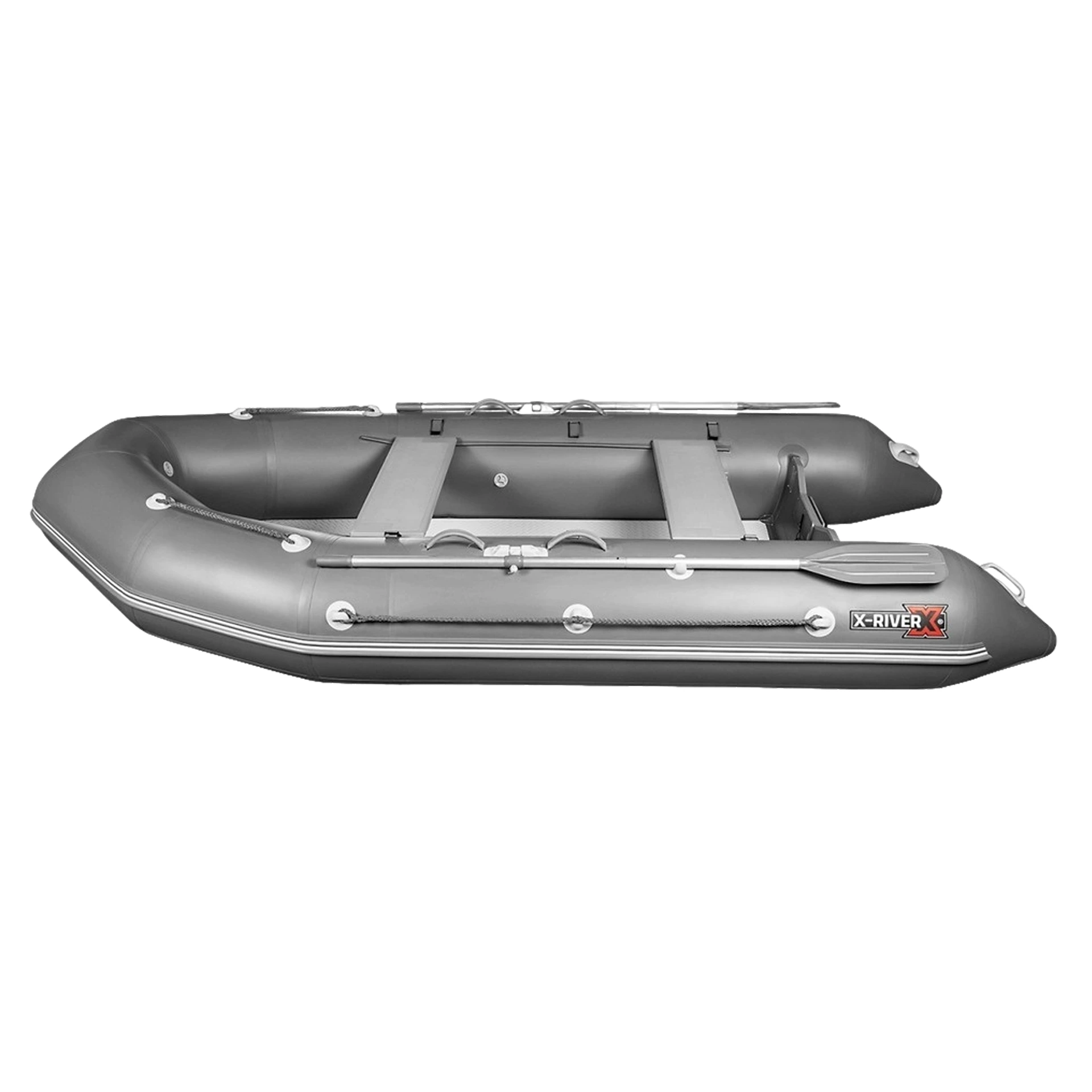 Лодка ПВХ X-River Rocky 395 НДВД + усиленное дно и баллон, серый/фурнитура черная