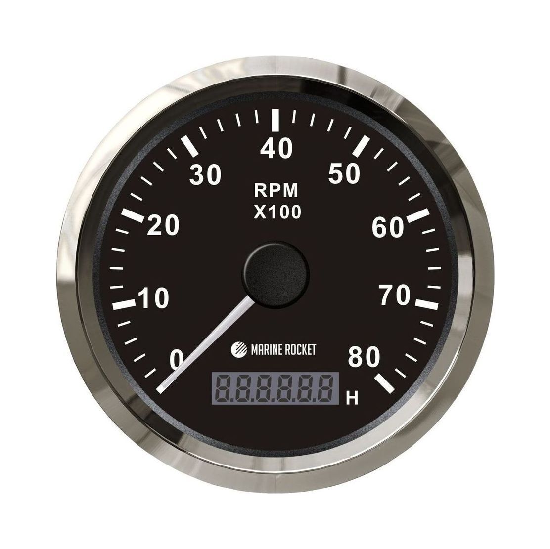 Тахометр 0-8000 об/мин со счетчиком моточасов делитель 1-10, черный циферблат, нержавеющий ободок, M