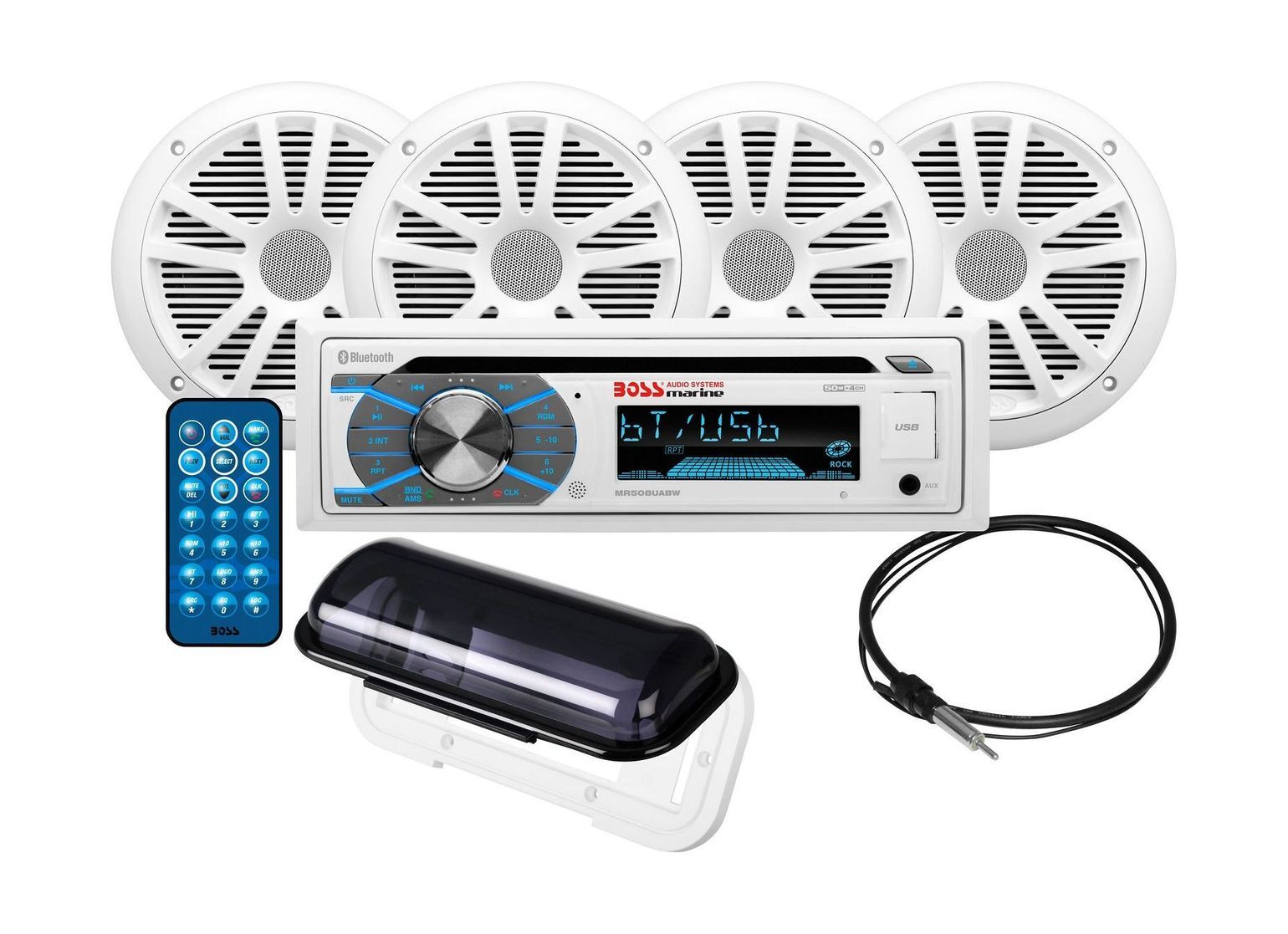 Морская аудиосистема 1DIN BOSS MCK508WB.6 (комплект4+MRC5) (упаковка из 6 шт.) Морская аудиосистема 1DIN BOSS MCK508WB.6 (комплект4+MRC5) (упаковка из 6 шт.)
