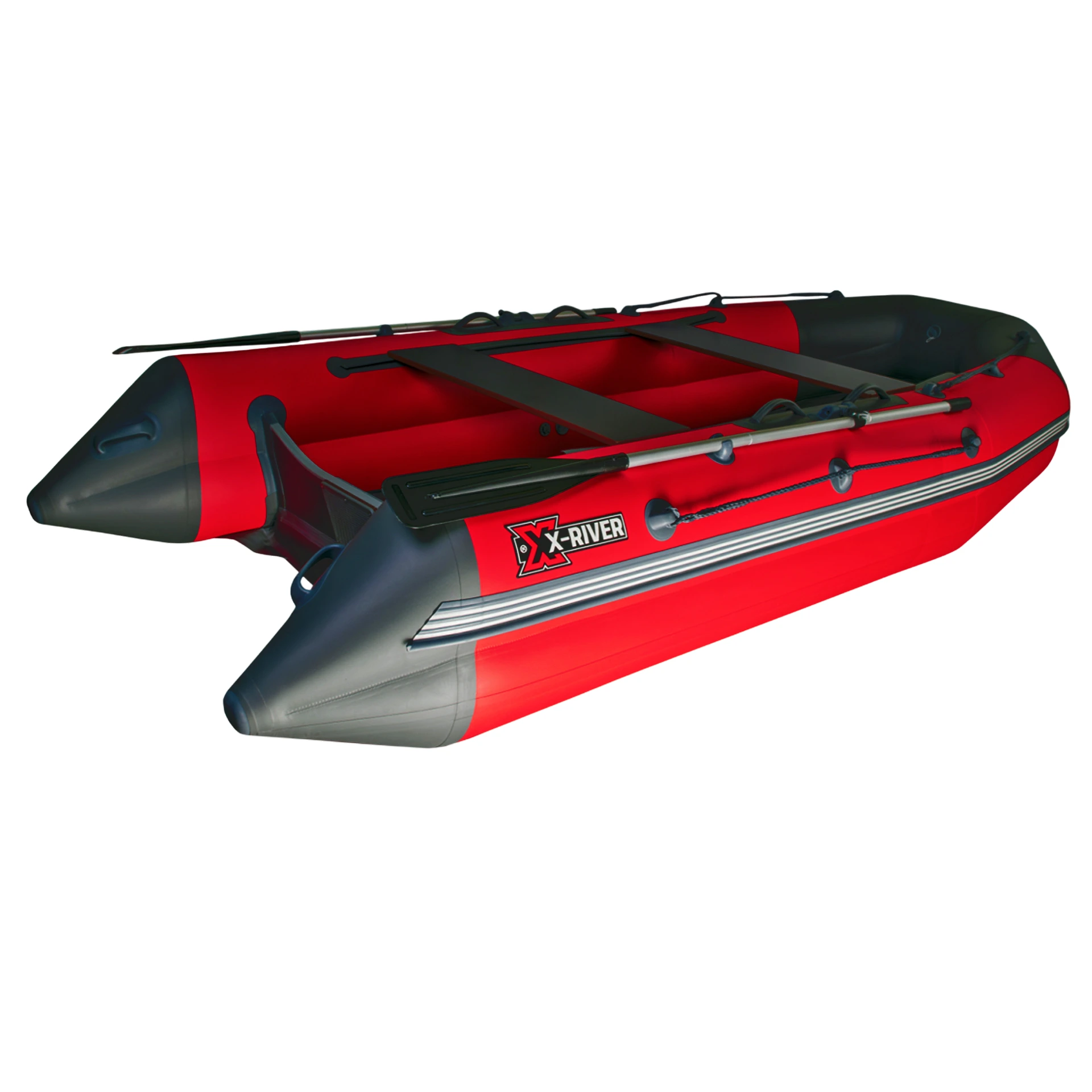 Лодка ПВХ X-River Mark 390 НДНД тримаран (усиленное дно и баллоны) красно-черный, дно серое