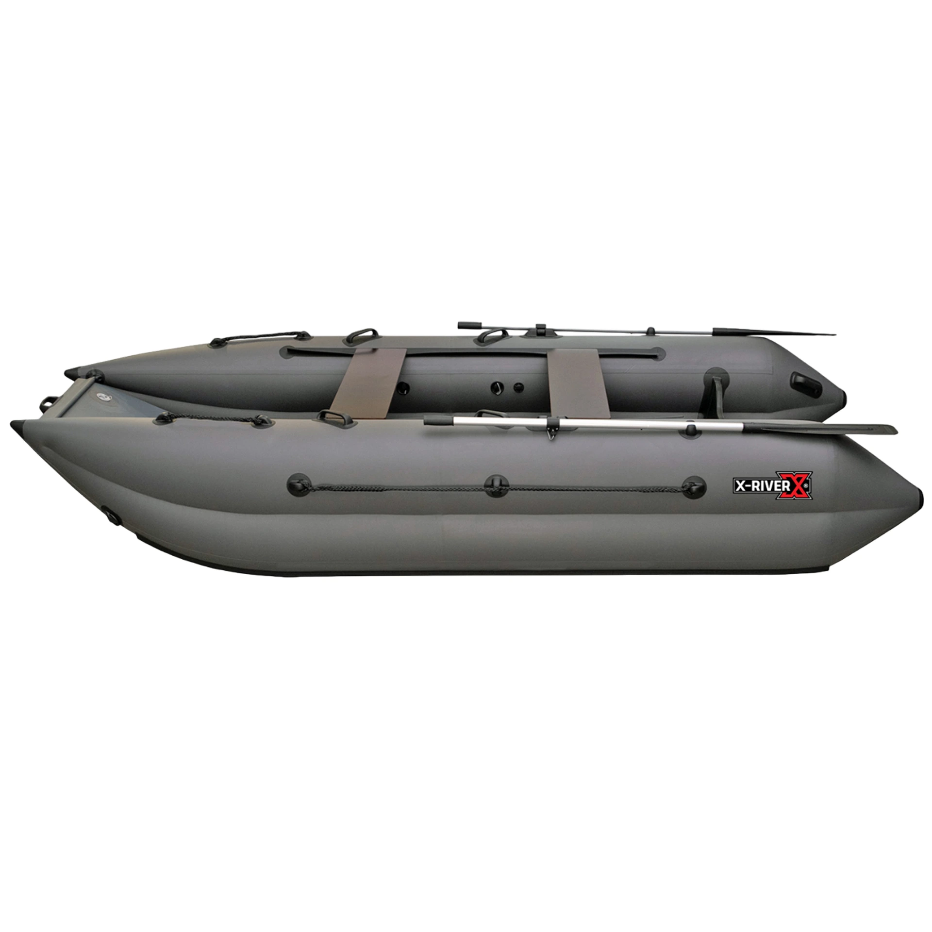 Лодка ПВХ X-River Катрин 360 тримаран, голубой-серый, фурнитура серая, дно серое,увеличенный транец