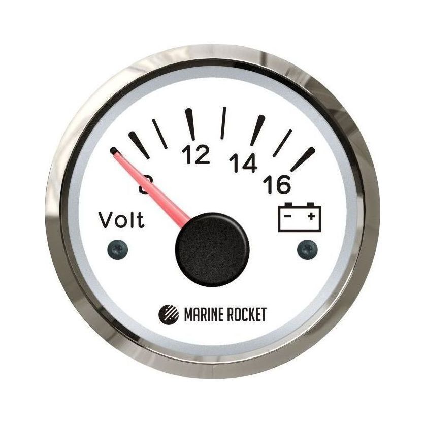Вольтметр аналоговый 8-16 В, белый циферблат, нержавеющий ободок, д. 52 мм, Marine Rocket (упаковка из 40 шт.)