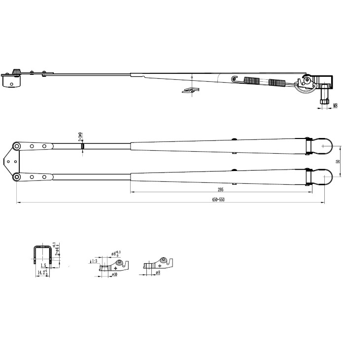 Поводок стеклоочистителя пантографный W.E 450-550мм, посадка на вал M8-10 (тип-XS)
