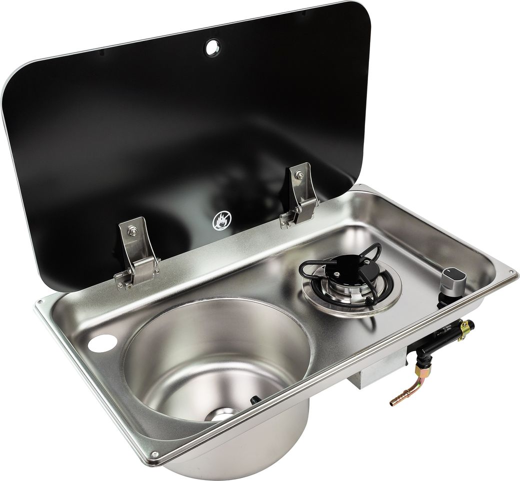 Плита газовая с круглой мойкой, стеклянная крышка, Marine Rocket