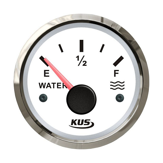 Указатель уровня пресной воды 0-190 Ом (ЕВРО), белый циферблат, нержавеющий ободок, д. 52 мм