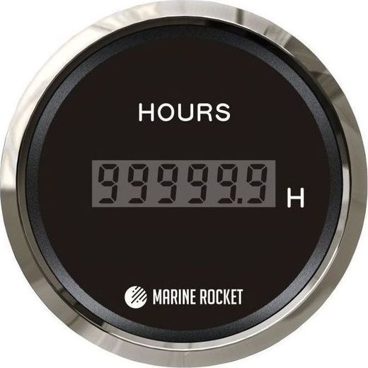 Счетчик моточасов цифровой 0-99999, 9 ч., черный циферблат, нержавеющий ободок, д. 52 мм, Marine Roc Счетчик моточасов цифровой 0-99999, 9 ч., черный циферблат, нержавеющий ободок, д. 52 мм, Marine Roc