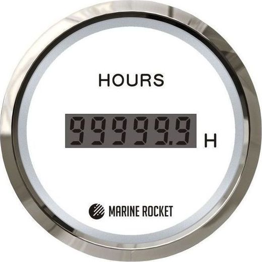 Счетчик моточасов цифровой 0-99999, 9 ч., белый циферблат, нержавеющий ободок, д. 52 мм, Marine Rock Счетчик моточасов цифровой 0-99999, 9 ч., белый циферблат, нержавеющий ободок, д. 52 мм, Marine Rock