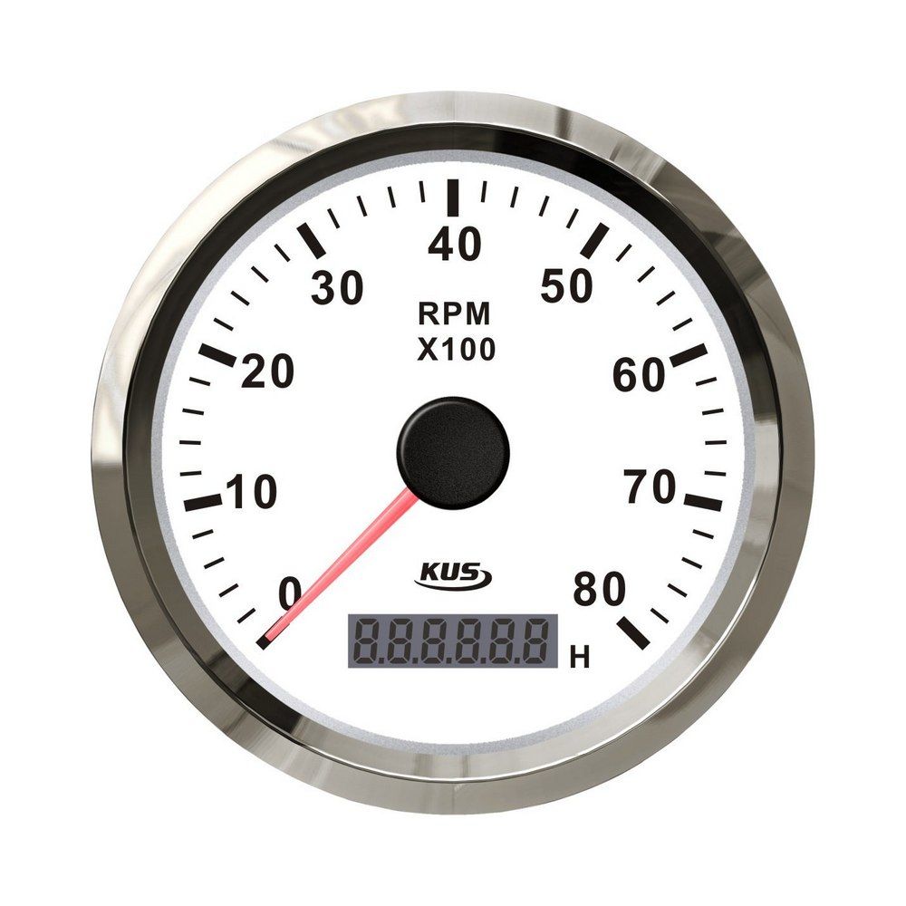 Тахометр 0-8000 об/мин со счетчиком моточасов делитель 0.5-250, белый циферблат, нержавеющий ободок,